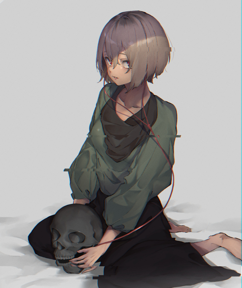 1girl absurdres barefoot brown_hair chromatic_aberration collarbone earbuds earphones film_grain glitch highres holding holding_skull horror_(theme) kosmo1214 looking_at_viewer original parted_lips pink_lips red_eyes short_hair sitting skull solo wariza