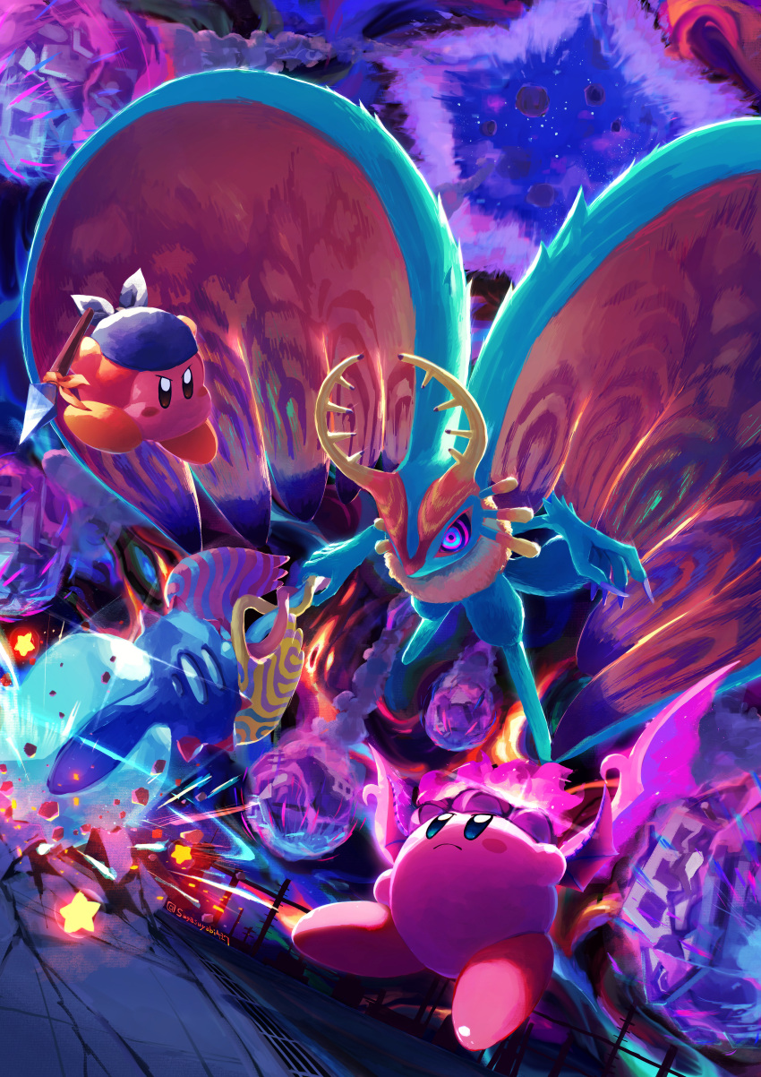 absurdres antlers bandana bandana_waddle_dee battle blue_bandana blue_eyes claws commentary copy_ability crack darkness feathered_wings fecto_elfilis fire fur highres holding holding_polearm holding_weapon kirby kirby_(series) kirby_and_the_forgotten_land meteor_shower monster multicolored_eyes no_humans polearm purple_eyes railing spear star_(symbol) suyasuyabi twitter_username weapon wings