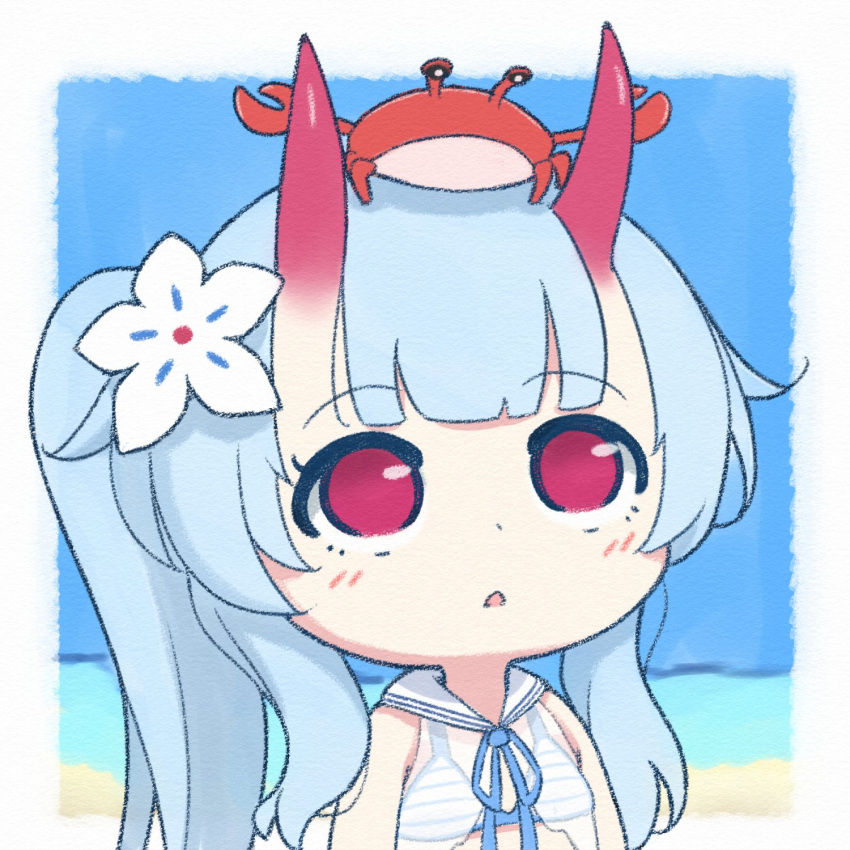 1girl bangs beach blue_archive blue_hair blue_ribbon blue_sky blunt_bangs border bra chestnut_mouth chibi chise_(blue_archive) chise_(swimsuit)_(blue_archive) crab_on_head english_commentary flower hair_flower hair_ornament highres horns light_blush long_hair neck_ribbon oni_horns outdoors outside_border parted_lips red_eyes red_horns ribbon sailor_collar side_ponytail sky solo striped striped_bra stryx underwear upper_body white_border white_flower white_sailor_collar