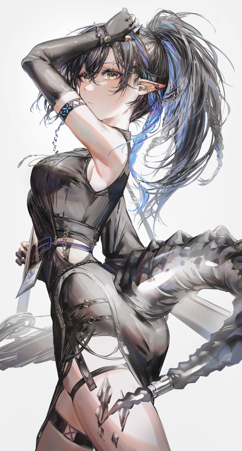 1girl absurdres akqne arknights ass bangs bare_shoulders black_dress black_gloves black_hair blacknight_(arknights) blue_hair brown_eyes cowboy_shot dress elbow_gloves gloves grey_background hair_between_eyes highres infection_monitor_(arknights) long_hair looking_at_viewer multicolored_hair oripathy_lesion_(arknights) pointy_ears ponytail simple_background solo standing streaked_hair tail thighs