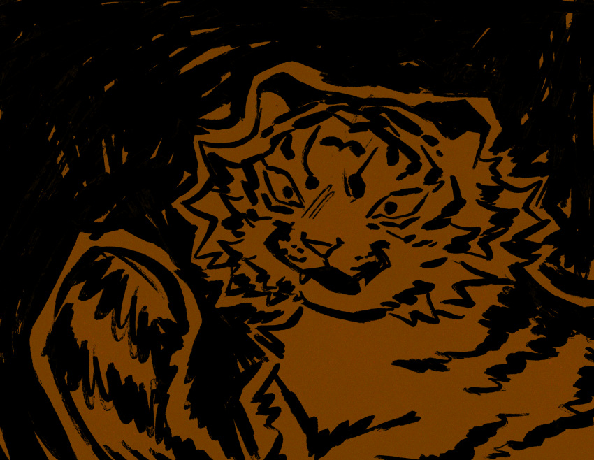 :3 ambiguous_gender black_and_orange cheek_tuft facial_tuft felid feral fur hi_res looking_at_paw mammal open_:3 open_mouth pantherine restricted_palette scribble_background solo spunkzoid striped_body striped_fur stripes tagme tiger tuft