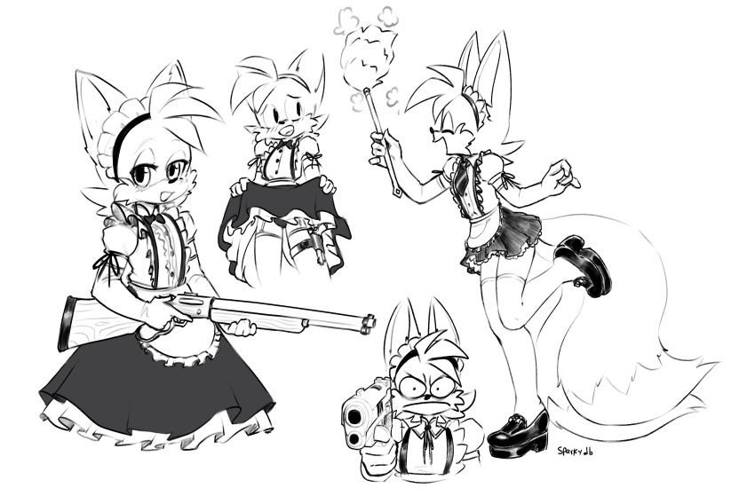 anthro armwear blush bottomwear canid canine cleaning_tool clothed clothing elbow_gloves feather_duster fox girly gloves gun handgun handwear hi_res holster legwear lever_action_rifle looking_at_viewer maid_uniform male mammal miles_prower monochrome panties pointing_gun raised_bottomwear raised_clothing raised_skirt ranged_weapon sega skirt solo sonic_the_hedgehog_(series) sparkydb stockings underwear uniform weapon