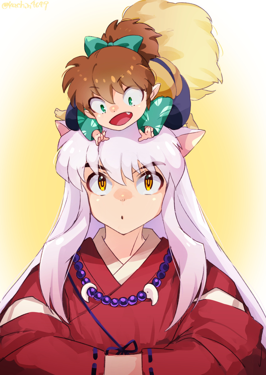 2boys absurdres animal_ears bead_necklace beads brown_hair fang green_eyes hair_between_eyes highres inuyasha inuyasha_(character) jewelry kachin long_hair looking_at_another magatama multiple_boys necklace open_mouth parted_lips patterned patterned_clothing ponytail shippou_(inuyasha) smile tail twitter_username upper_body white_hair yellow_eyes