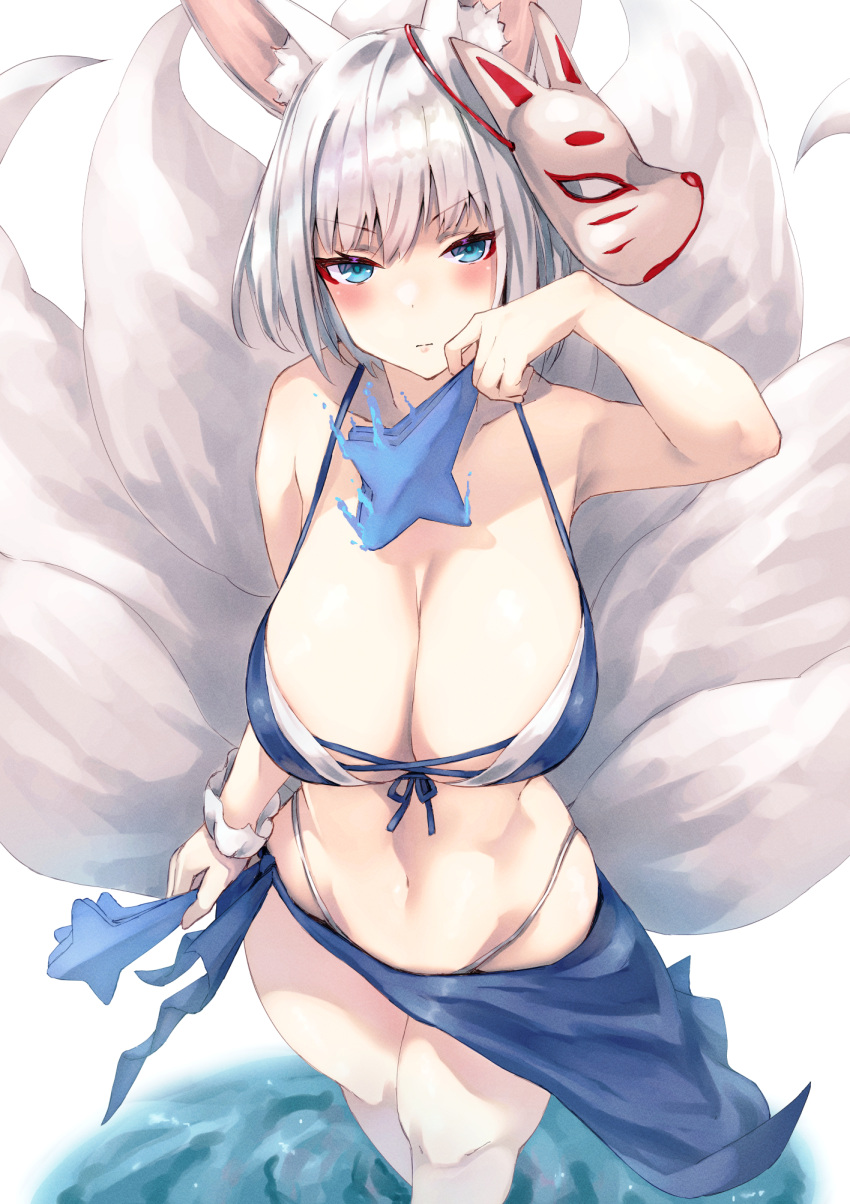 1girl alexi_oekaki animal_ears azur_lane bikini blue_bikini blue_eyes blush breasts cleavage fox_ears fox_girl fox_mask fox_tail highres huge_breasts kaga_(azur_lane) kitsune kyuubi looking_at_viewer mask multiple_tails short_hair simple_background solo swimsuit tail white_background white_hair white_tail