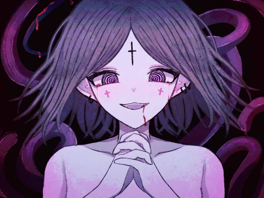 1girl :3 @_@ absurdres bangs blood blood_from_mouth cross earrings facial_mark fangs half-closed_eyes highres jewelry kkamkkam looking_at_viewer medium_hair open_mouth original own_hands_clasped own_hands_together parted_bangs purple_eyes purple_hair ringed_eyes solo tentacles topless