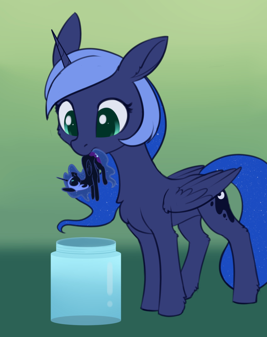 blue_body blue_feathers blue_hair blue_tail chest_tuft duo dusthiel equid equine feathered_wings feathers feral friendship_is_magic hair hasbro hi_res horn jar looking_down macro mammal micro mouth_hold my_little_pony nightmare_moon_(mlp) princess_luna_(mlp) tuft winged_unicorn wings