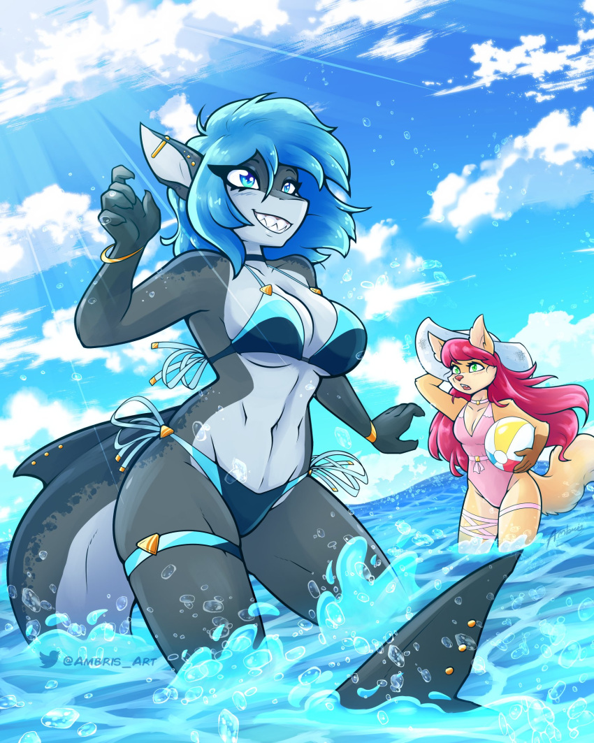2022 5_fingers ambris anthro ball beach_ball bikini blue_eyes blue_hair blue_sky breasts canid canine choker clothed clothing cloud duo ear_piercing erika_(ambris) female fingers fish fox furgonomics furry-specific_piercing gloves_(marking) green_eyes hair hand_behind_head hat headgear headwear hi_res holding_ball holding_object industrial_piercing inflatable jewelry long_hair mammal marine markings necklace non-mammal_breasts one-piece_swimsuit open_mouth partially_submerged piercing red_hair rose_(ambris) shark sharp_teeth short_hair side-tie_bikini sky smile swimwear tail_piercing teeth water