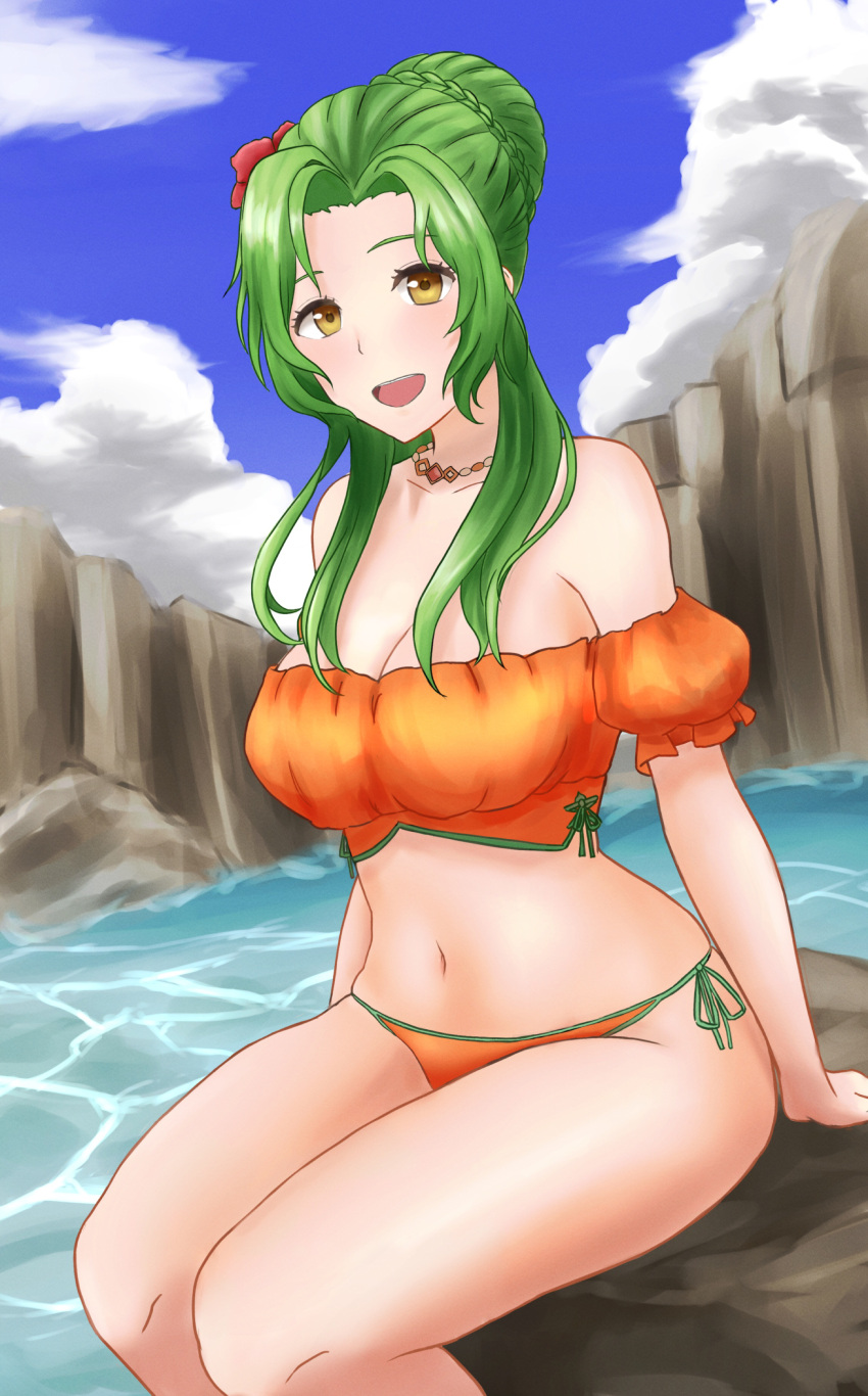 1girl :d absurdres bare_shoulders bikini blue_sky braid braided_bun breasts cleavage cloud day elincia_ridell_crimea fee feet_out_of_frame fire_emblem fire_emblem:_radiant_dawn flower green_hair hair_bun hair_flower hair_ornament highres large_breasts long_hair looking_at_viewer navel off-shoulder_bikini off_shoulder open_mouth orange_bikini puffy_short_sleeves puffy_sleeves red_flower rock short_sleeves side-tie_bikini sitting sky smile solo stomach swimsuit thighs water yellow_eyes