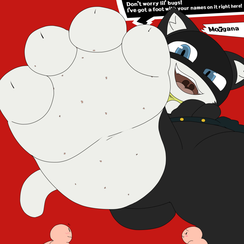 absurd_res anthro atlus blush dialogue domestic_cat dragotrashcan feet felid feline felis gentle_giant hi_res looking_down macro male mammal megami_tensei megami_tensei_persona micro morgana_(persona) pawpads petplay playful roleplay size_difference smothering stomping text toe_curl toes video_games