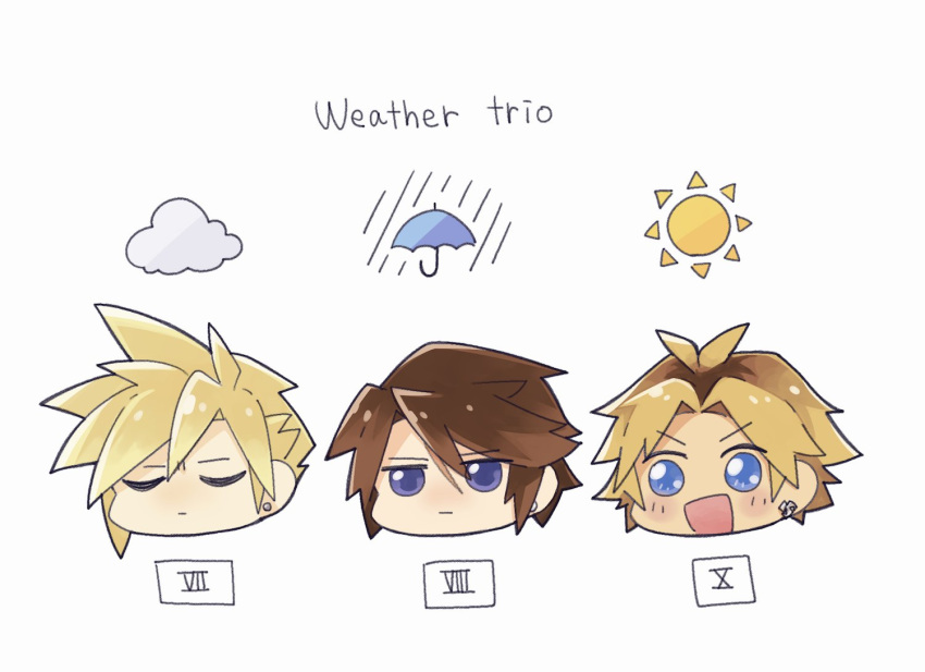 3boys bangs blonde_hair blue_eyes blush brown_hair chibi closed_eyes cloud cloud_strife earrings final_fantasy final_fantasy_vii final_fantasy_viii final_fantasy_x hair_between_eyes head_only jewelry kuri6_4 male_focus multiple_boys open_mouth parted_bangs roman_numeral scar scar_on_face short_hair single_earring smile squall_leonhart sun tidus umbrella weather white_background