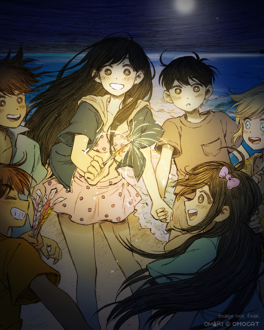 2girls 4boys aubrey_(omori) basil_(omori) beach black_hair blonde_hair blush bow brown_hair fireworks hair_bow hero_(omori) highres holding_hands hood hoodie jacket kel_(omori) legs long_hair mari_(omori) midriff moon multiple_boys multiple_girls night night_sky ocean official_art omocat omori open_mouth shirt sky smile sparkler sunny_(omori)