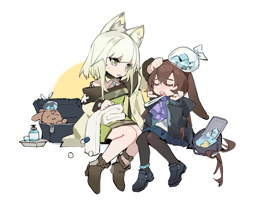 2girls amiya_(arknights) ap5fen arknights bare_shoulders black_footwear black_jacket blue_skirt boots brown_footwear bucket closed_eyes commentary_request dress green_dress green_eyes highres hood hood_down hooded_jacket ice ice_cube ice_pack jacket kal'tsit_(arknights) loafers multiple_girls off-shoulder_jacket off_shoulder open_mouth pantyhose parted_lips pleated_skirt rubber_duck shirt shoes sitting skirt stuffed_animal stuffed_bunny stuffed_toy thermometer two-tone_background water white_background white_shirt yellow_background