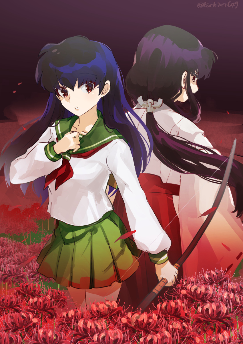 2girls absurdres back-to-back blue_hair bow_(weapon) flower green_skirt hair_between_eyes highres higurashi_kagome holding holding_bow_(weapon) holding_weapon inuyasha kachin kikyou_(inuyasha) long_hair long_sleeves looking_back multiple_girls outdoors parted_lips petals ponytail purple_hair red_eyes red_flower school_uniform serafuku skirt spider_lily twitter_username weapon wide_sleeves