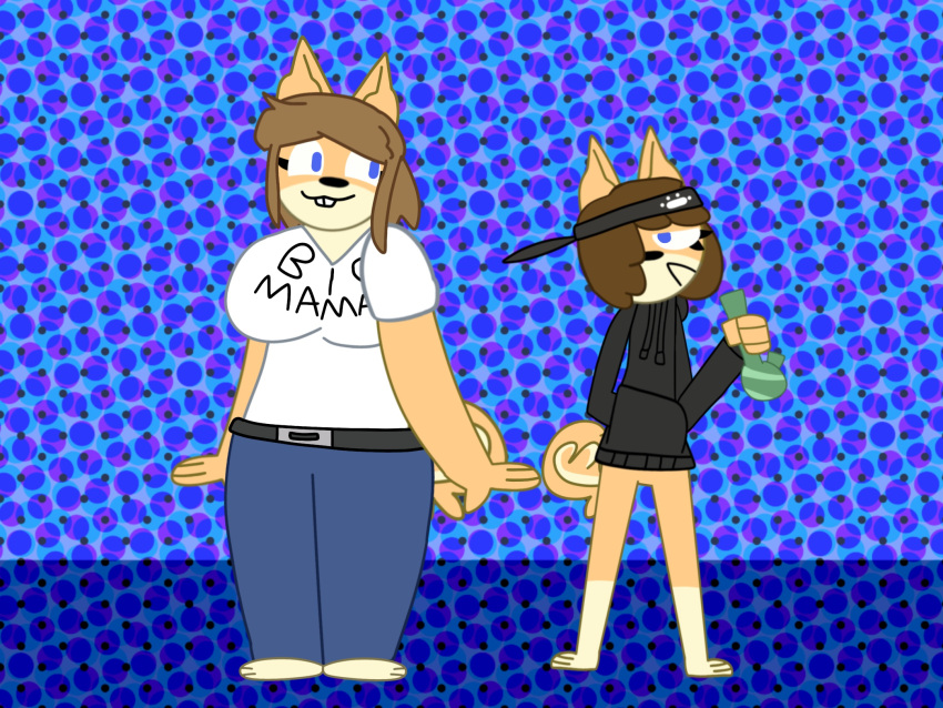 anthro bedfellows blandonproductions bong canid canine canis clothed clothing drugs duo female fur hair hi_res june_(jinu) male mammal mother mother_and_child mother_and_son parent parent_and_child skylar_(jinu) smile son