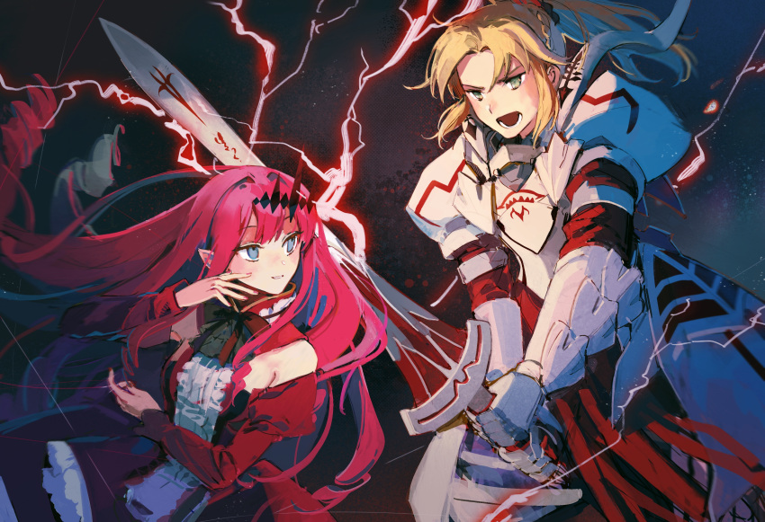 2girls absurdres armor bangs blonde_hair blue_eyes eyebrows_hidden_by_hair fairy_knight_tristan_(fate) fate/apocrypha fate/grand_order fate_(series) green_eyes hair_between_eyes hairband highres holding holding_sword holding_weapon incoming_attack long_hair looking_at_another mordred_(fate) mordred_(fate/apocrypha) multiple_girls nail_polish open_mouth red_hair skirt smile sword weapon yorktown_cv-5