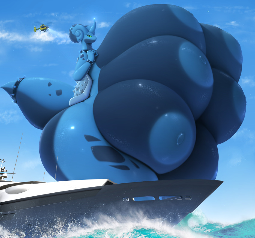 absurd_res anthro big_breasts big_butt blue_body boat breasts butt cleavage clothed clothing collar drakonst female glistening green_sclera hi_res huge_breasts huge_butt hyper hyper_breasts lapras macro multi_breast narrowed_eyes nintendo pok&eacute;mon pok&eacute;mon_(species) portrait sea side_view solo spiked_collar spikes standing three-quarter_portrait vehicle video_games water watercraft wide_hips
