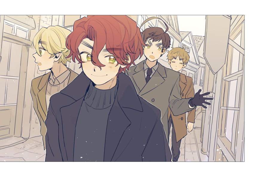 ahoge axis_powers_hetalia black_coat black_gloves blonde_hair brothers brown_hair closed_eyes coat gloves green_eyes highres looking_to_the_side ninonuko northern_ireland_(hetalia) red_hair scotland_(hetalia) siblings smile sweater thick_eyebrows town trench_coat turtleneck turtleneck_sweater united_kingdom_(hetalia) wales_(hetalia)