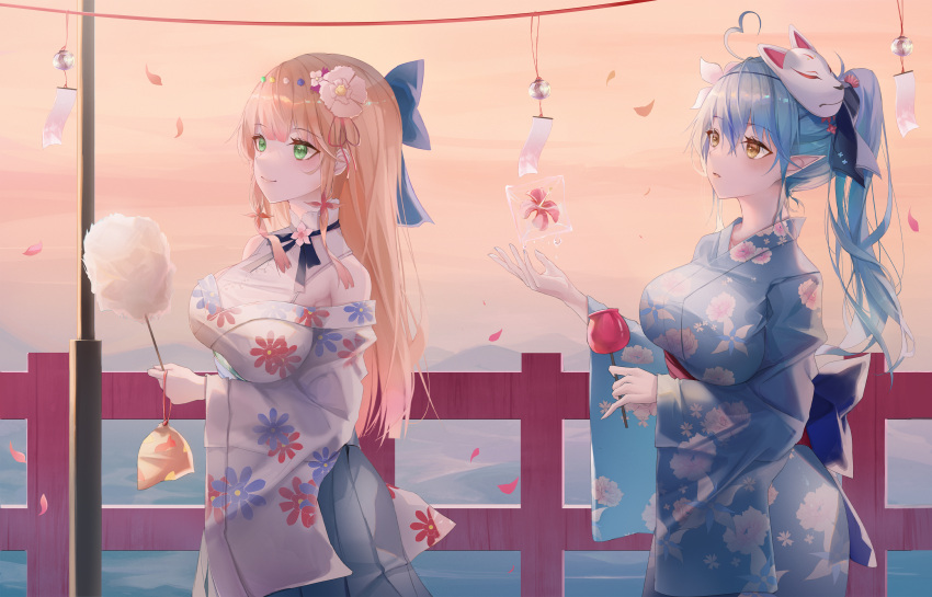 2girls absurdres ahoge bangs blonde_hair blue_hair blush bow breasts candy_apple colored_tips cotton_candy elf flower food gradient_hair green_eyes hair_between_eyes hair_flower hair_ornament heart heart_ahoge highres hololive japanese_clothes kimono large_breasts long_hair mask momosuzu_nene multicolored_hair multiple_girls obi oni_mask pointy_ears sash streaked_hair turbulence virtual_youtuber wide_sleeves yellow_eyes yukihana_lamy