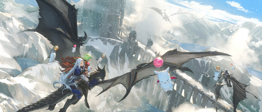 1boy 2girls above_clouds absurdres alphinaud_leveilleur animal_ears arcade_(architecture) arch artist_name avatar_(ff14) bird black_footwear blue_eyes blue_hair blue_sky boots bridge cape cat_ears chinese_commentary city cloud commentary_request day dragon dutch_angle elezen elf estinien_varlineau fantasy fantasy_earth_zero final_fantasy final_fantasy_xiv flying from_above glint green_hair hand_up highres in-universe_location landscape long_hair long_sleeves low_twintails miqo'te moogle mountain mountainous_horizon multiple_girls open_mouth orange_cape outdoors pointy_ears riding riding_dragon scenery silhouette sitting sky smile snow stone thigh_boots torn_cape torn_clothes toto_(caaaaarrot) tower twintails very_long_hair water wide_shot ysayle_dangoulain