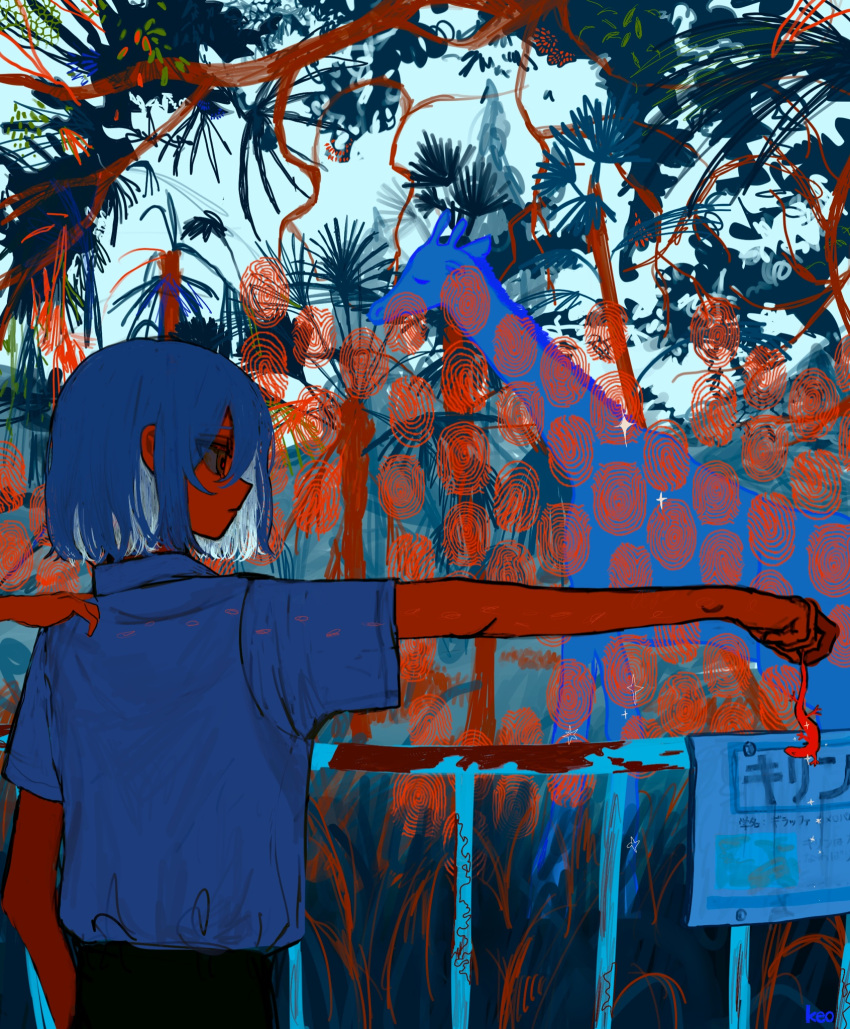 1other ambiguous_gender animal blue_hair blue_shirt branch collared_shirt colored_skin dark disembodied_limb fence giraffe hand_in_pocket highres holding holding_animal keo_(oketa99) lizard orange_eyes orange_skin original palm_tree shirt short_hair sign tree upper_body zoo