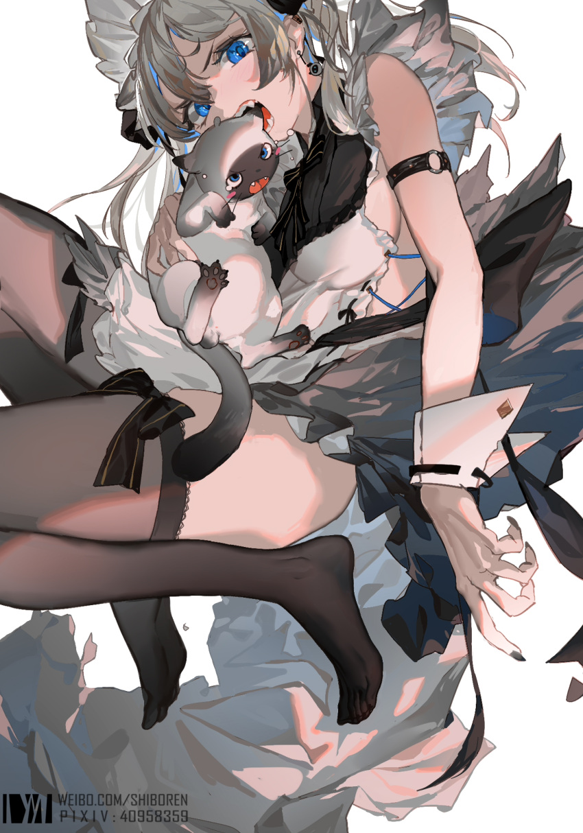 animal arm_strap bangs biting blue_eyes blush_stickers breasts brown_thighhighs cat dm_(dai_miao) ear_biting earrings highres holding holding_animal holding_cat jewelry large_breasts long_hair no_shoes open_mouth original shirt simple_background sleeveless sleeveless_shirt thighhighs white_shirt wrist_cuffs