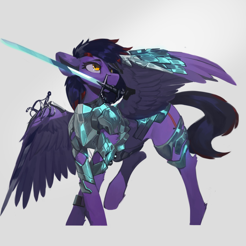 absurd_res armor cutie_mark equid equine female feral hi_res looking_away mammal melee_weapon my_little_pony nsilverdraws pegasus raised_leg rapier saber simple_background solo sword sword_in_mouth weapon white_background wings