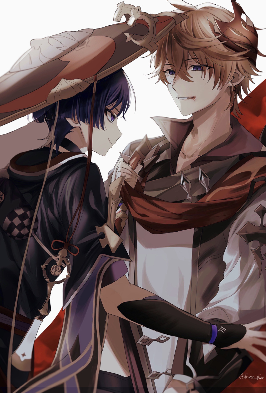 2boys absurdres ahoge armor artist_name bangs black_hair black_shirt blood blood_on_face blue_eyes blunt_ends closed_mouth collarbone collared_jacket crossed_bangs dfuma_pqr earrings eyeshadow genshin_impact grey_jacket hand_up hat highres holding jacket japanese_armor japanese_clothes jewelry jingasa kote kurokote long_sleeves looking_at_another makeup male_focus mask mask_on_head multiple_boys orange_hair parted_lips profile purple_eyes red_eyeshadow red_headwear red_mask red_ribbon red_scarf ribbon ribbon_trim scaramouche_(genshin_impact) scarf scarf_grab shirt short_hair short_sleeves sidelocks single_earring smile standing tartaglia_(genshin_impact) twitter_username white_background
