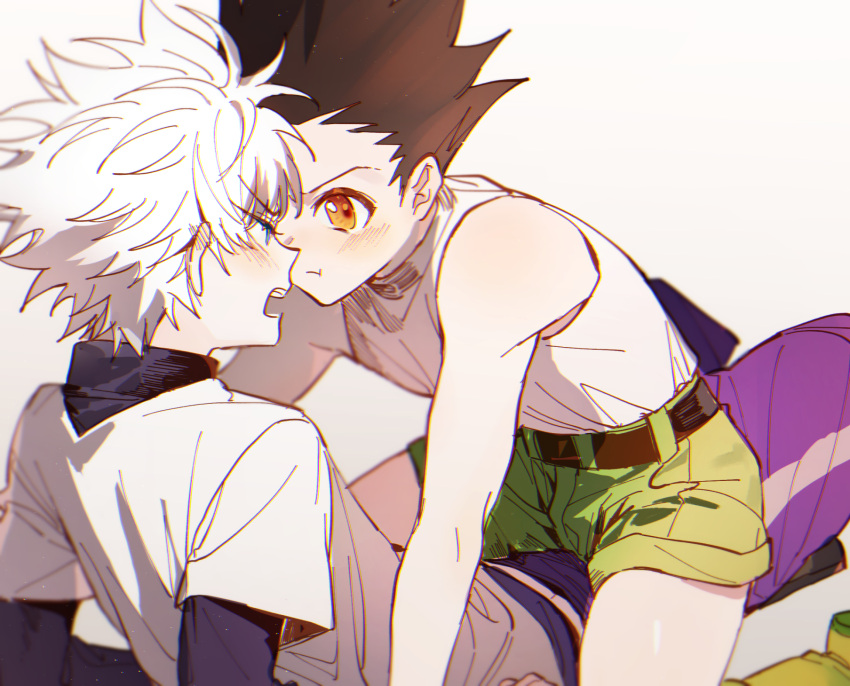 2boys bare_shoulders black_hair blue_eyes boy_on_top brown_eyes child commentary_request face-to-face gon_freecss green_shorts highres hunter_x_hunter killua_zoldyck male_child male_focus multiple_boys open_mouth shirt short_hair shorts spiked_hair tank_top turtleneck white_hair white_shirt white_tank_top yomi4310