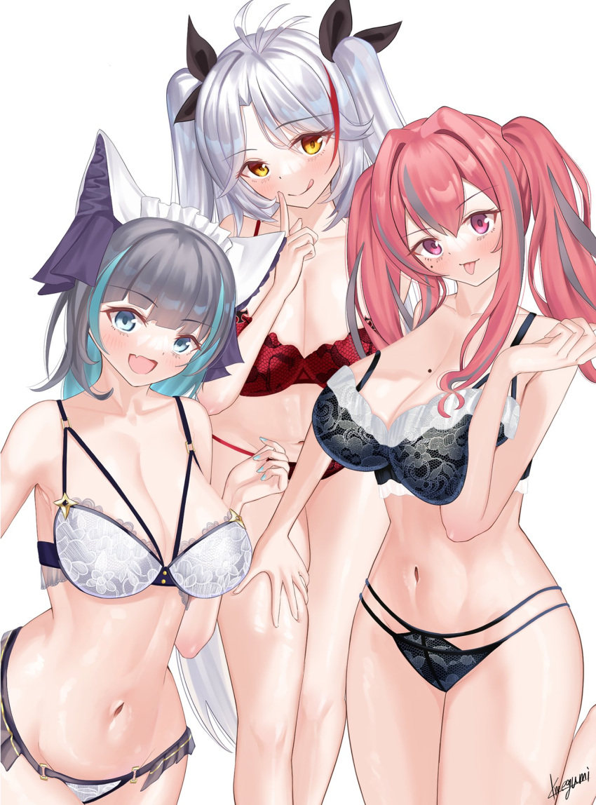 3girls alternate_costume animal_ears azur_lane bare_legs bra breasts bremerton_(azur_lane) cat_ears cheshire_(azur_lane) cleavage cover cowboy_shot finger_to_mouth highres lingerie looking_at_viewer megumi_kei multicolored_hair multiple_girls panties prinz_eugen_(azur_lane) signature simple_background streaked_hair textless_version tongue tongue_out underwear underwear_only white_background