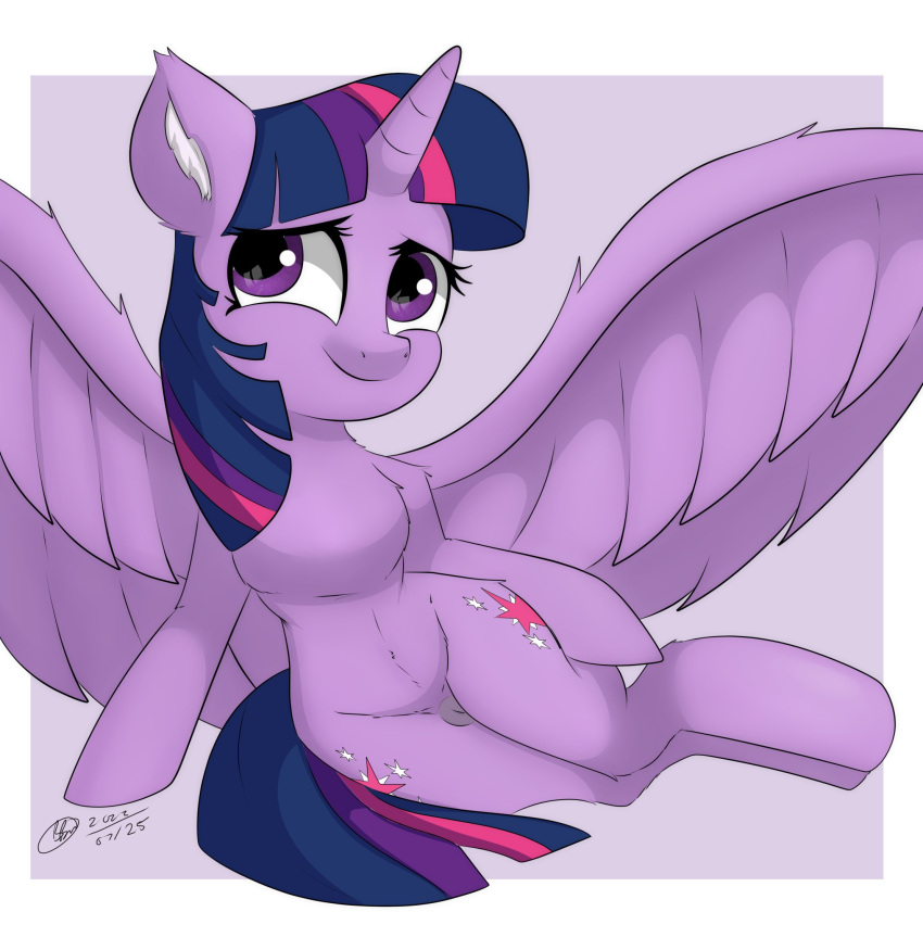 animal_genitalia animal_pussy bunbunmuffins cutie_mark digital_media_(artwork) equid equine equine_pussy eyelashes feathered_wings feathers female feral friendship_is_magic genitals hair hasbro hi_res horn inner_ear_fluff mammal my_little_pony pose purple_body purple_eyes purple_feathers purple_hair purple_tail pussy signature smile solo tuft twilight_sparkle_(mlp) winged_unicorn wings