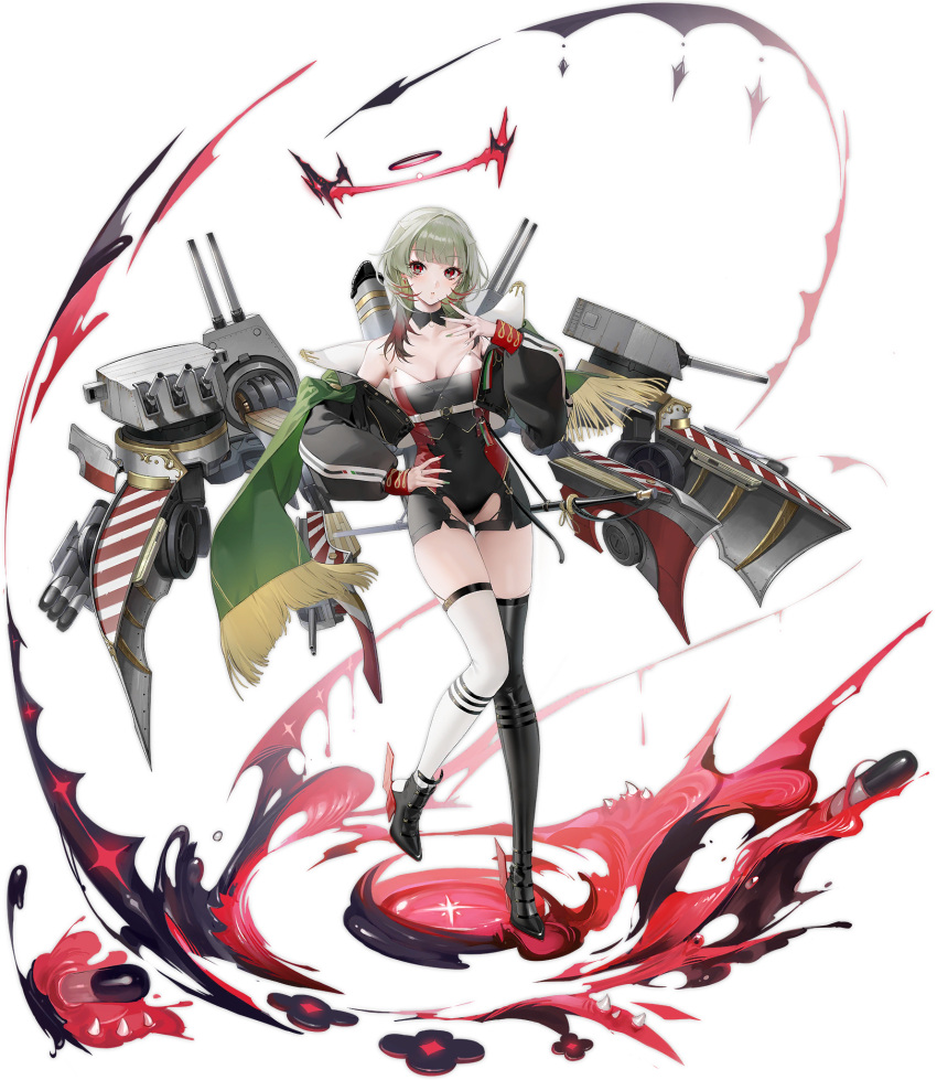 1girl asymmetrical_legwear azur_lane bangs black_footwear black_thighhighs breasts cleavage giuseppe_garibaldi_(azur_lane) green_hair halo hand_on_hip hand_up highres jacket looking_at_viewer medium_breasts medium_hair mismatched_legwear off_shoulder official_art ohisashiburi open_clothes open_jacket parted_lips red_eyes rigging shoes simple_background solo thighhighs transparent_background white_thighhighs