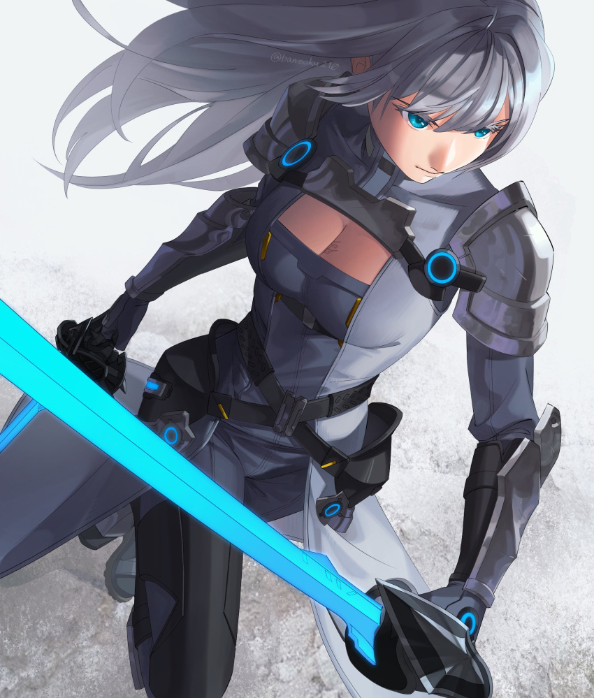 1girl a_(user_vtsy8742) armor bangs belt blue_eyes breast_tattoo breasts cleavage cleavage_cutout closed_mouth clothing_cutout dual_wielding ethel_(xenoblade) grey_background highres holding holding_sword holding_weapon large_breasts long_hair shoulder_armor simple_background smile solo sword tattoo twitter_username very_long_hair weapon xenoblade_chronicles_(series) xenoblade_chronicles_3