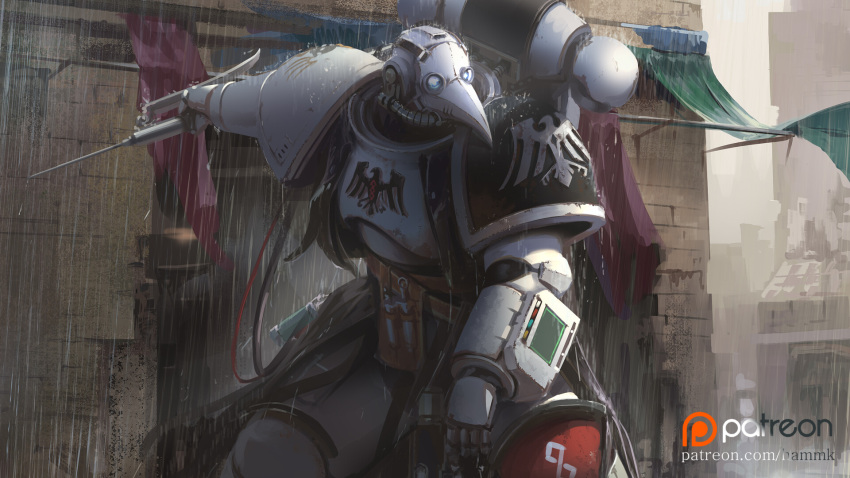 1boy adeptus_astartes apothecary_(warhammer_40k) armor armored_boots artist_name bad_artstation_id bad_id boots brick_wall building doctor gauntlets grey_sky gun hammk helmet highres holding holding_gun holding_weapon mask outdoors patreon_logo patreon_username pauldrons rain raven_guard shoulder_armor solo syringe_gun warhammer_40k water_drop weapon