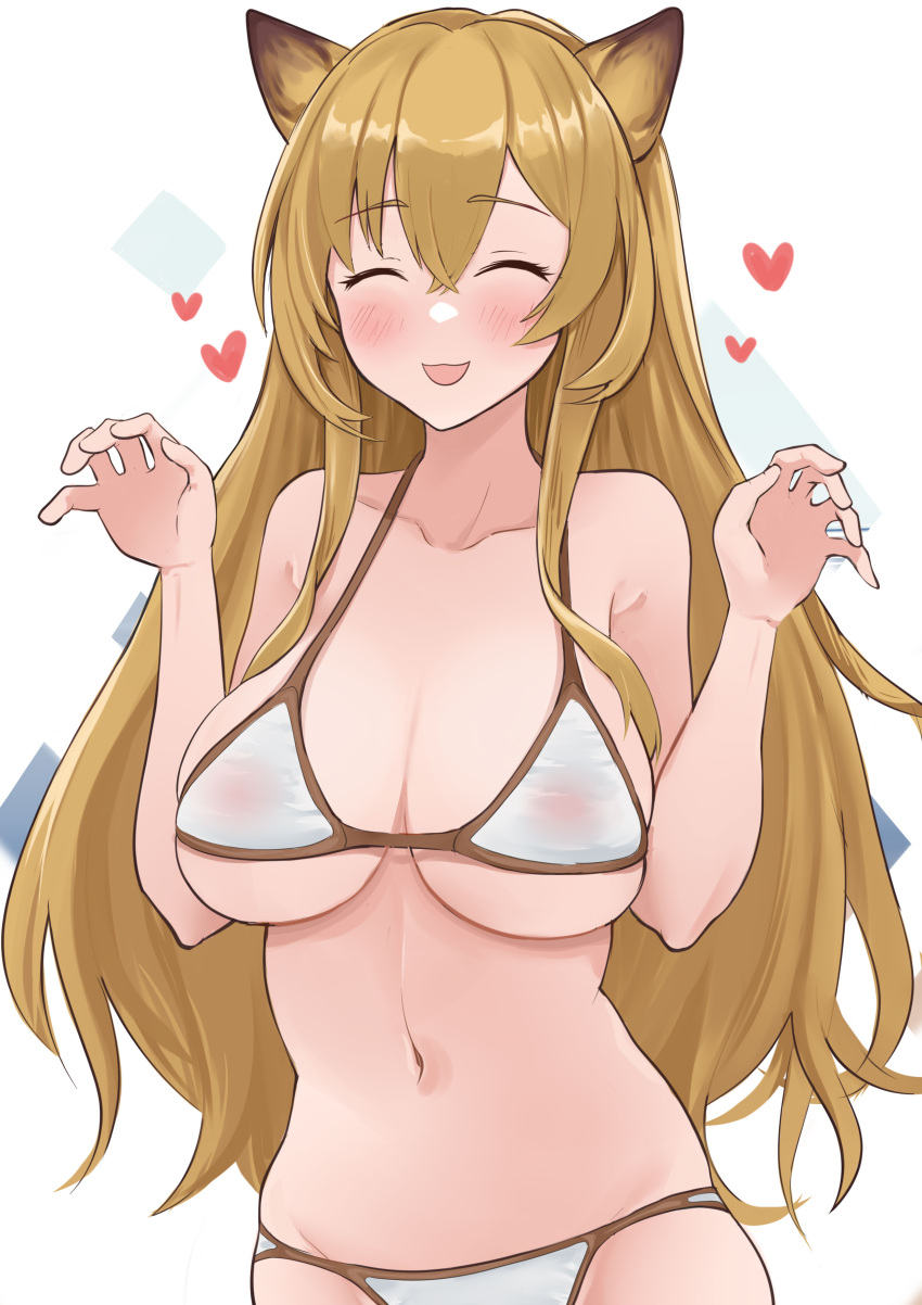 1girl :d absurdres animal_ears arknights bikini blush breasts brown_hair ceobe_(arknights) closed_eyes collarbone dog_ears dog_girl groin hair_between_eyes hands_up heart highres large_breasts long_hair looking_at_viewer navel open_mouth see-through smile snao_(snao_na_snao) solo stomach swimsuit upper_body very_long_hair white_background white_bikini