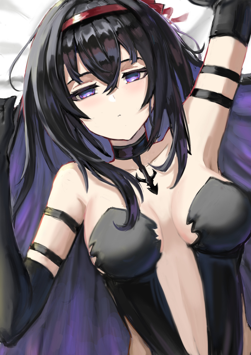 1girl absurdres akemi_homura arm_garter armpits arms_up bangs bare_shoulders black_choker black_dress black_gloves black_hair breasts breasts_apart choker closed_mouth collarbone colored_inner_hair commentary_request crossed_bangs dress elbow_gloves eyebrows_hidden_by_hair gloves hair_between_eyes hairband half-closed_eyes highres lililizi long_hair looking_at_viewer lying magical_girl mahou_shoujo_madoka_magica mahou_shoujo_madoka_magica_movie medium_breasts multicolored_hair navel on_back on_bed purple_eyes purple_hair solo strapless strapless_dress two-tone_hair upper_body