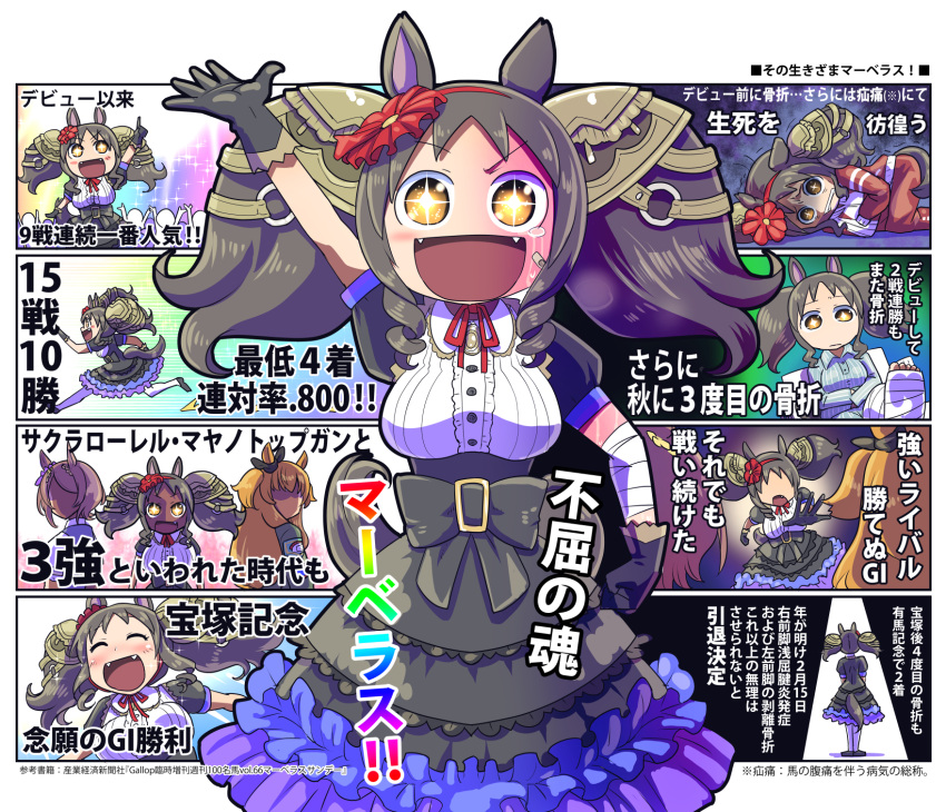 +_+ 1girl animal_ears bandaged_arm bandaged_leg bandages black_gloves black_hair bow brown_bow commentary_request drill_hair ear_bow faceless faceless_female fangs flower frilled_skirt frills gloves hair_flower hair_ornament highres holding_stomach horse_ears horse_girl horse_tail index_finger_raised layered_skirt long_hair marvelous_sunday_(umamusume) mayano_top_gun_(umamusume) neck_ribbon open_mouth orange_eyes orange_hair outside_border puffy_short_sleeves puffy_sleeves red_ribbon red_track_suit ribbon running sakazaki_freddy sakura_laurel_(umamusume) shaded_face short_sleeves skirt spotlight tail tail_through_clothes translation_request twintails umamusume underbust waving