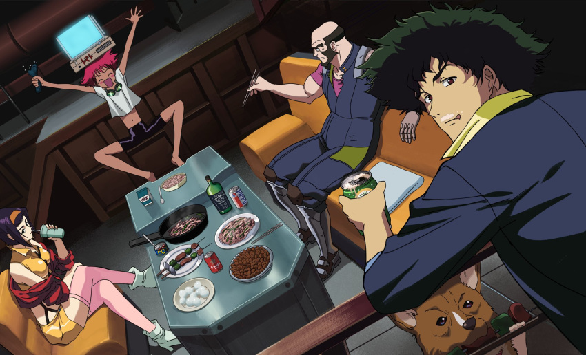 2girls ap8905 beard beer_can boots bottle can couch cowboy_bebop dark-skinned_female dark_skin dog edward_wong_hau_pepelu_tivrusky_iv ein_(cowboy_bebop) facial_hair faye_valentine food highres jet_black looking_at_viewer milk_carton multiple_boys multiple_girls orange_hair sitting soda_can spike_spiegel white_footwear