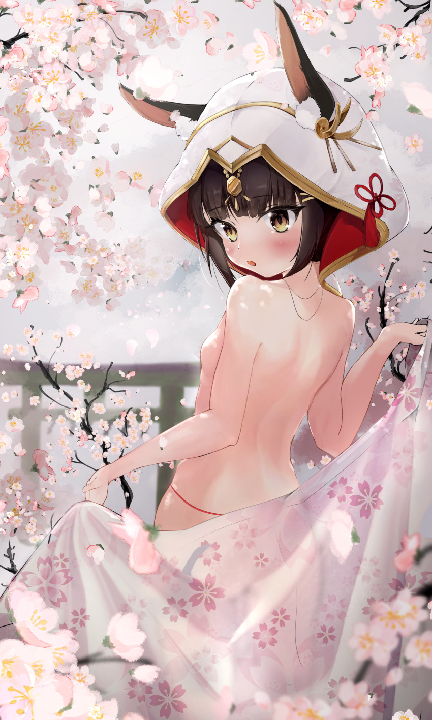 1girl absurdres animal_ear_fluff animal_ears azur_lane back bare_arms bare_shoulders black_hair blush breasts falling_petals fox_ears from_behind highres japanese_clothes kimono looking_at_viewer looking_back nagato_(azur_lane) nagato_(great_fox's_white_gown)_(azur_lane) outdoors panties petals red_panties see-through semisweet shoulder_blades small_breasts solo standing string_panties torii uchikake underwear undressing yellow_eyes