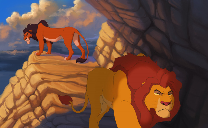 2022 blue_eyes day detailed_background digital_media_(artwork) disney duo eyebrows eyelashes felid feral hair hibbary lion male mammal outside pantherine paws red_eyes red_hair scar sky the_lion_king