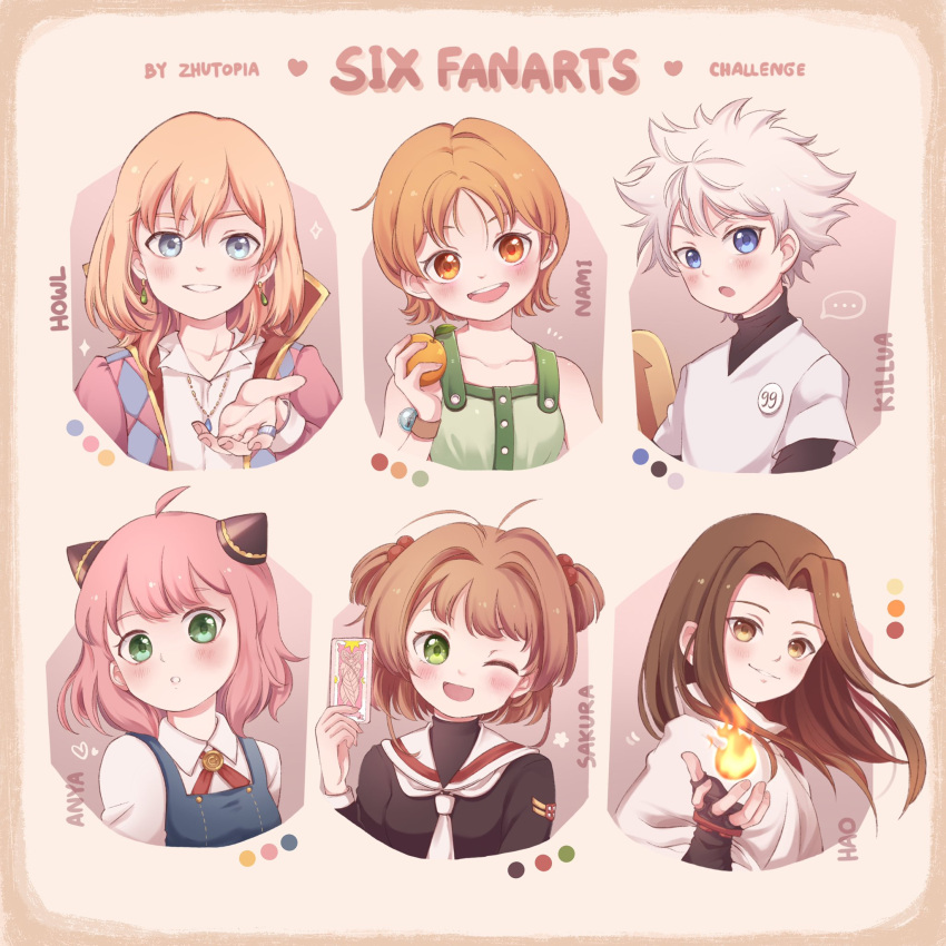 3boys 3girls :o antenna_hair anya_(spy_x_family) asakura_hao bare_shoulders blue_eyes brown_eyes brown_hair card cardcaptor_sakura closed_eyes earrings fingerless_gloves food fruit gloves green_eyes grey_eyes hairpods highres holding howl_(howl_no_ugoku_shiro) howl_no_ugoku_shiro hunter_x_hunter jacket jewelry killua_zoldyck kinomoto_sakura long_hair long_sleeves male_focus medium_hair multiple_boys multiple_girls nami_(one_piece) necklace one_eye_closed one_piece open_mouth orange_(fruit) orange_eyes orange_hair pink_hair ring school_uniform serafuku shaman_king shirt short_hair six_fanarts_challenge smile spiked_hair spy_x_family white_hair white_shirt zhenzhu_zoldyck