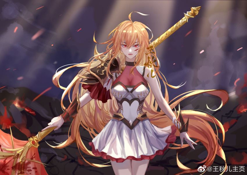 1girl alternate_hair_color arm_guards artist_request asymmetrical_sleeves bare_legs blonde_hair blood blood_on_face cloud cloudy_sky dark douluo_dalu dress highres light_rays long_hair polearm second-party_source serious shoulder_guard sky solo spear upper_body wang_qiu_er_(douluo_dalu) weapon white_dress