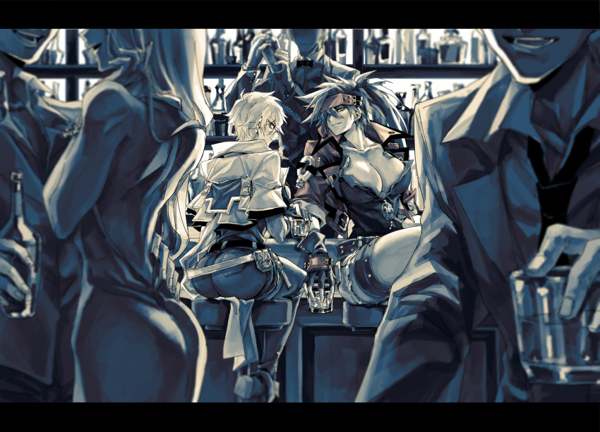 absurdres alcohol bangs bars bartender belt bottle breasts cleavage cleavage_cutout clothing_cutout cup dong_hole fingerless_gloves genderswap genderswap_(mtf) gloves guilty_gear headband highres holding holding_cup ky_kiske large_breasts long_hair looking_at_viewer one_eye_covered ponytail sitting smile sol_badguy stool swept_bangs uniform