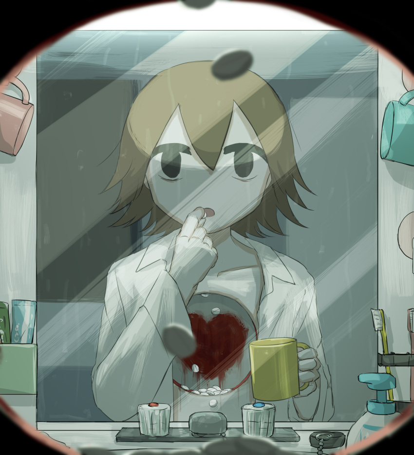 1boy absurdres avogado6 bathroom black_hair blood blood_on_clothes commentary cup hair_between_eyes heart highres hole_in_chest hole_on_body jitome looking_at_mirror male_focus mirror mug open_mouth original pill reflection short_hair solo toothpaste