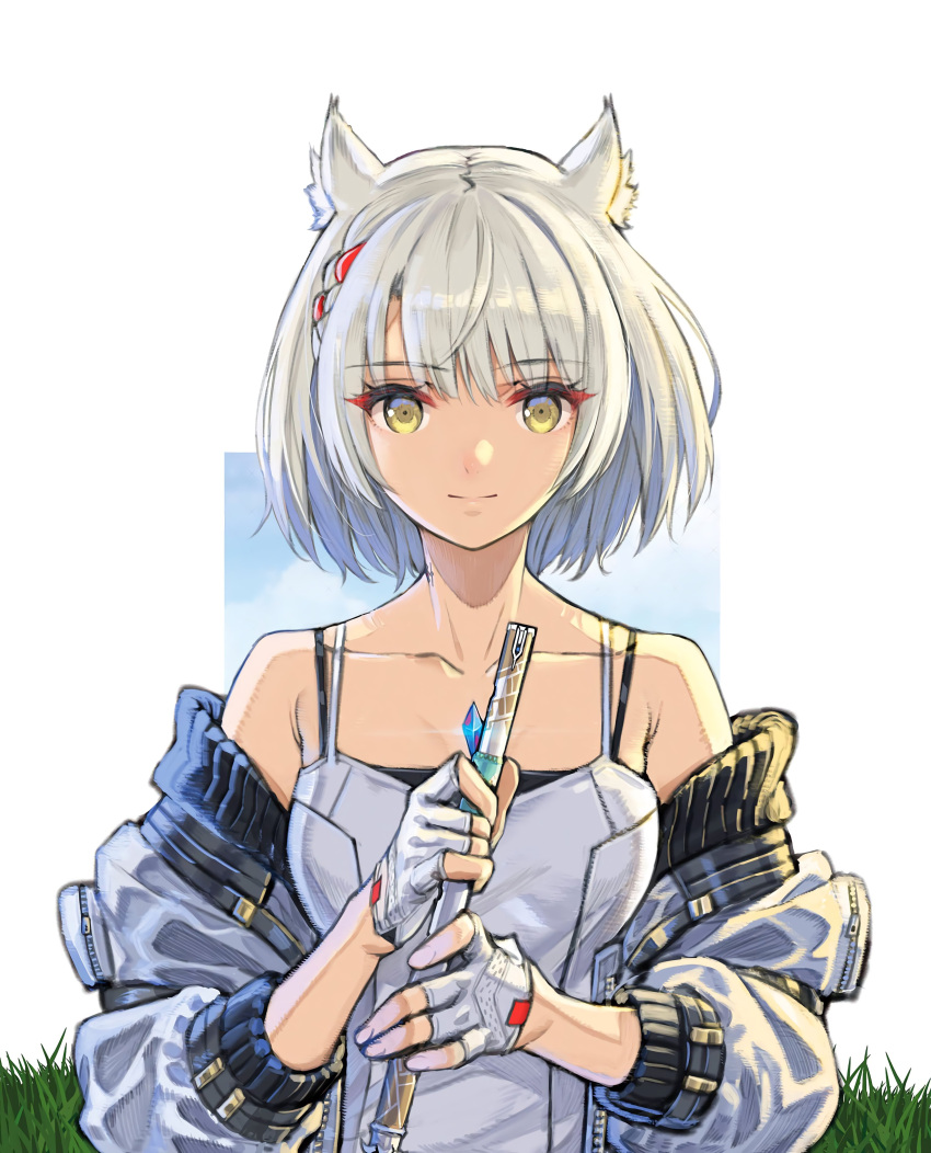 1girl absurdres animal_ear_fluff animal_ears bare_shoulders breasts cat_ears chest_jewel detexted english_commentary fingerless_gloves flute gloves grey_hair highres holding holding_instrument instrument jacket jacket_on_shoulders light_smile looking_at_viewer mio_(xenoblade) official_art resized saitou_masatsugu shaded_face simple_background solo sunlight tank_top third-party_edit upscaled white_jacket white_tank_top xenoblade_chronicles_(series) xenoblade_chronicles_3 yellow_eyes