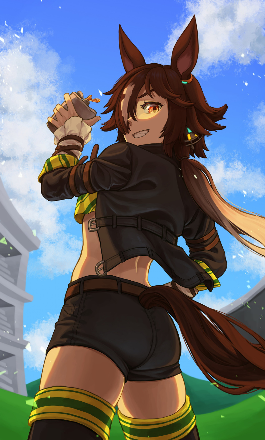 1girl :d absurdres animal_ears ass belt black_footwear black_jacket black_shorts blue_sky boots brown_hair cloud cloudy_sky flask grin highres holding horse_ears horse_girl horse_tail jacket kuangeun long_hair long_sleeves looking_at_viewer looking_back midriff open_mouth outdoors ponytail shirt shorts sky smile solo tail teeth thigh_boots umamusume vodka_(umamusume) yellow_eyes yellow_shirt