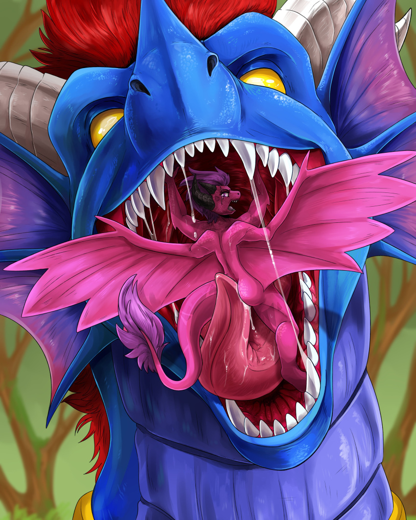 absurd_res anthro black_horn blue_body blue_scales blurred_background bodily_fluids butt butt_lick duo ear_frill empty_eyes facial_scar female frill_(anatomy) front_view glistening glistening_tongue grey_horn hair hi_res horn imperatorcaesar licking male membrane_(anatomy) membranous_wings pink_body pink_scales purple_hair purple_tail_tuft red_hair red_tongue ridged_horn saliva saliva_on_tongue saliva_string scales scar sharp_teeth tail_tuft teeth tongue tongue_out tuft vore wings