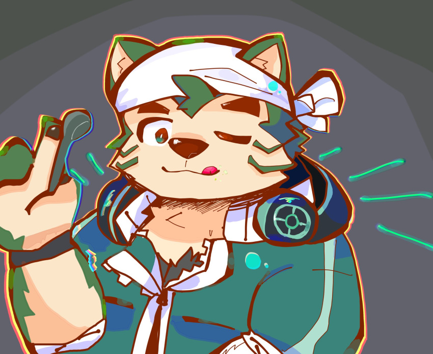 anthro bandanna blep canid canine canis clothing domestic_dog eyebrows fur green_body green_clothing green_fur headphones headphones_around_neck hi_res kerchief lifewonders live-a-hero male mammal mgmgtizuke mokdai one_eye_closed pawpads solo thick_eyebrows tongue tongue_out video_games wink