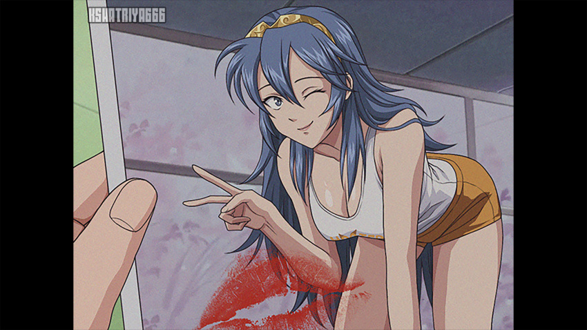 1990s_(style) 1girl alternate_breast_size alternate_costume bent_over blue_eyes blue_hair breasts cleavage closed_mouth clothes_lift commission cosplay fire_emblem fire_emblem_awakening hair_between_eyes highres hooters katsuragi_misato katsuragi_misato_(cosplay) kshatriya_666 leaning_forward letterboxed lipstick_mark long_hair lucina_(fire_emblem) medium_breasts neon_genesis_evangelion one_eye_closed parody photo_(object) pov retro_artstyle shirt_lift short_shorts shorts smile solo tiara v