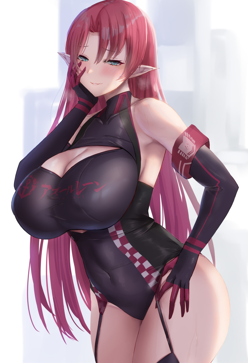 1girl azur_lane bangs bare_shoulders black_gloves black_leotard blue_eyes blush breasts cleavage commentary_request covered_navel duke_of_york_(azur_lane) duke_of_york_(prestige_of_the_glorious_formula)_(azur_lane) elbow_gloves garter_straps gloves highres large_breasts leotard long_hair looking_at_viewer official_alternate_costume pointy_ears race_queen red_hair satou_aji smile solo thighs white_background