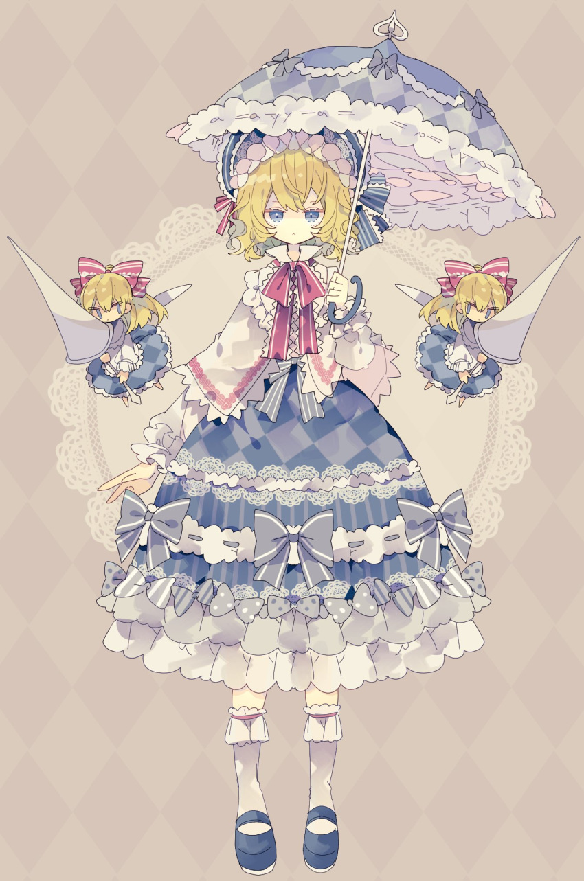 1girl :&lt; alice_margatroid apron argyle argyle_background argyle_dress blonde_hair blue_dress blue_eyes blue_footwear blue_headwear blue_ribbon bobby_socks bonnet bow capelet closed_mouth dress dress_bow embellished_costume frilled_dress frills full_body grey_bow hair_bow highres holding holding_polearm holding_umbrella holding_weapon lace-trimmed_dress lace_trim long_sleeves looking_at_viewer mary_janes medium_hair nikorashi-ka parasol polearm red_bow red_ribbon ribbon shanghai_doll shoes socks solo striped striped_dress touhou umbrella vertical-striped_dress vertical_stripes waist_apron waist_bow weapon white_capelet white_socks